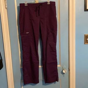 Cherokee workwear scrub pants, color purple, elastic waistband with tie